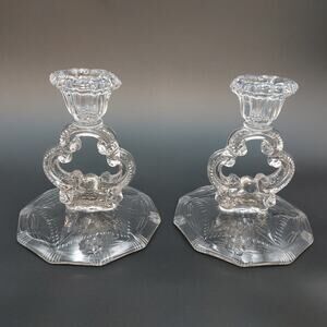 Cambridge Glass Keyhole Candlestick Holders Pair Clear 1930s Depression Taper